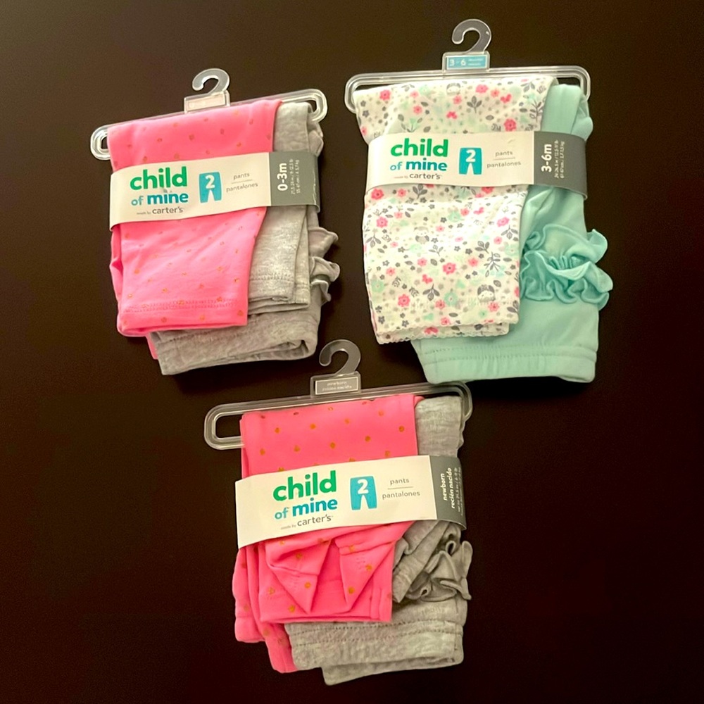 Baby girl pants bundle of 3 sets Size NB,0-3 m,3-6 m Carter’s Child of mine- NWT